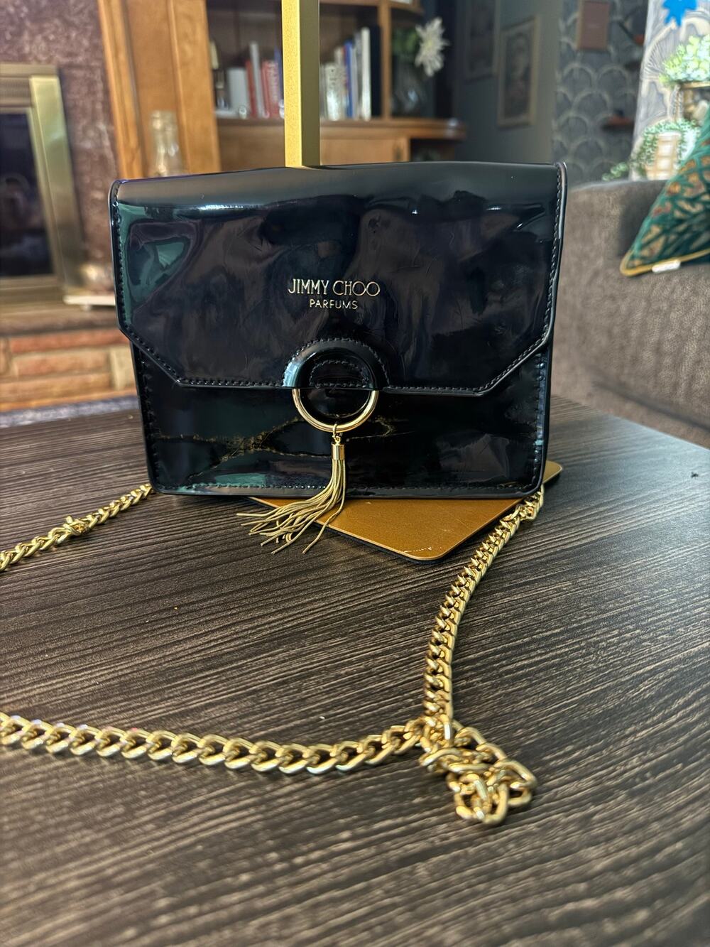 Jimmy Choo Parfums Black Patent Leather Crossbody Bag Gold Tassel Chain